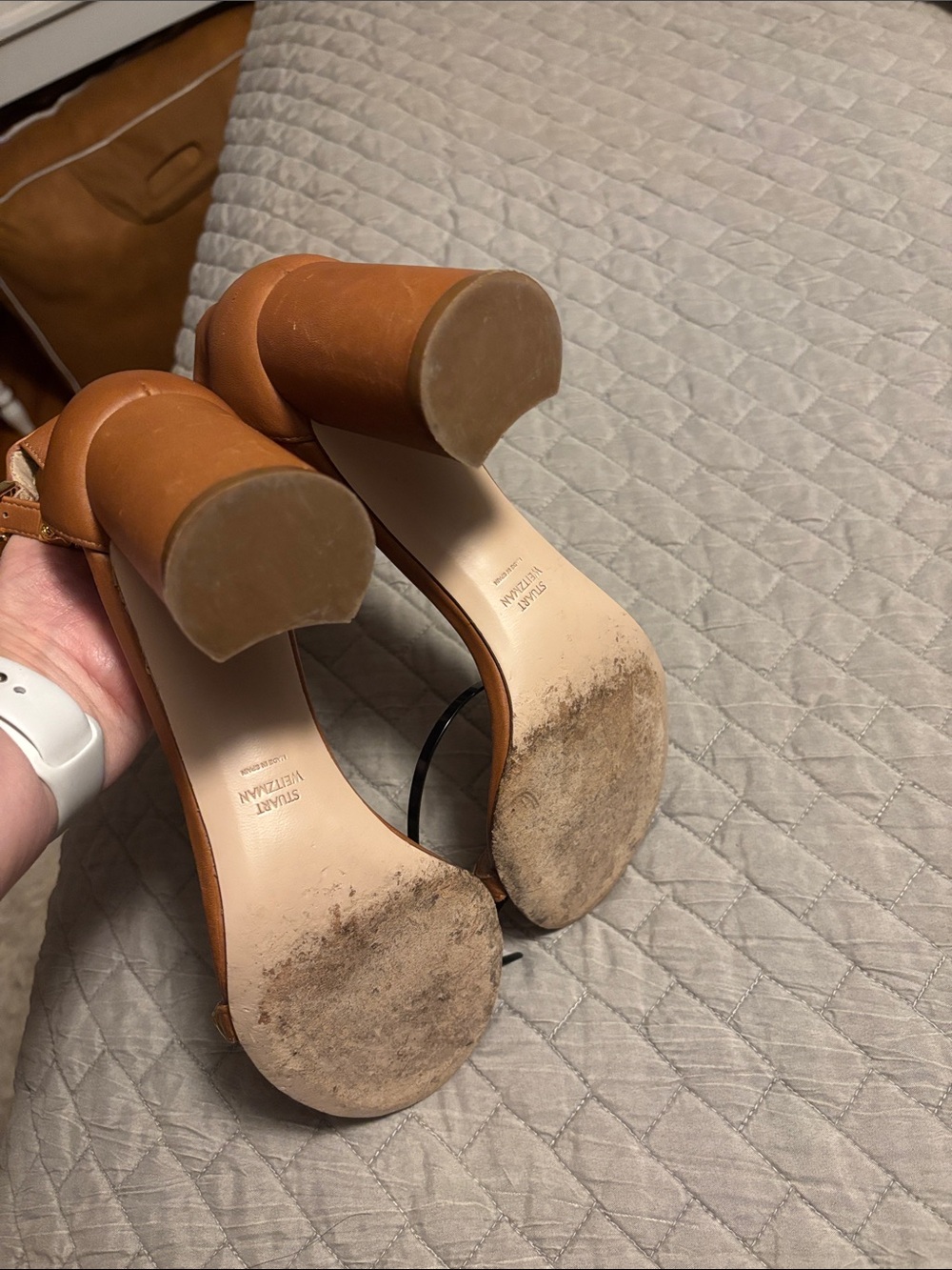 Stuart Weitzman Women's Tan Leather Block Heel Sandals - Picture 6 of 8